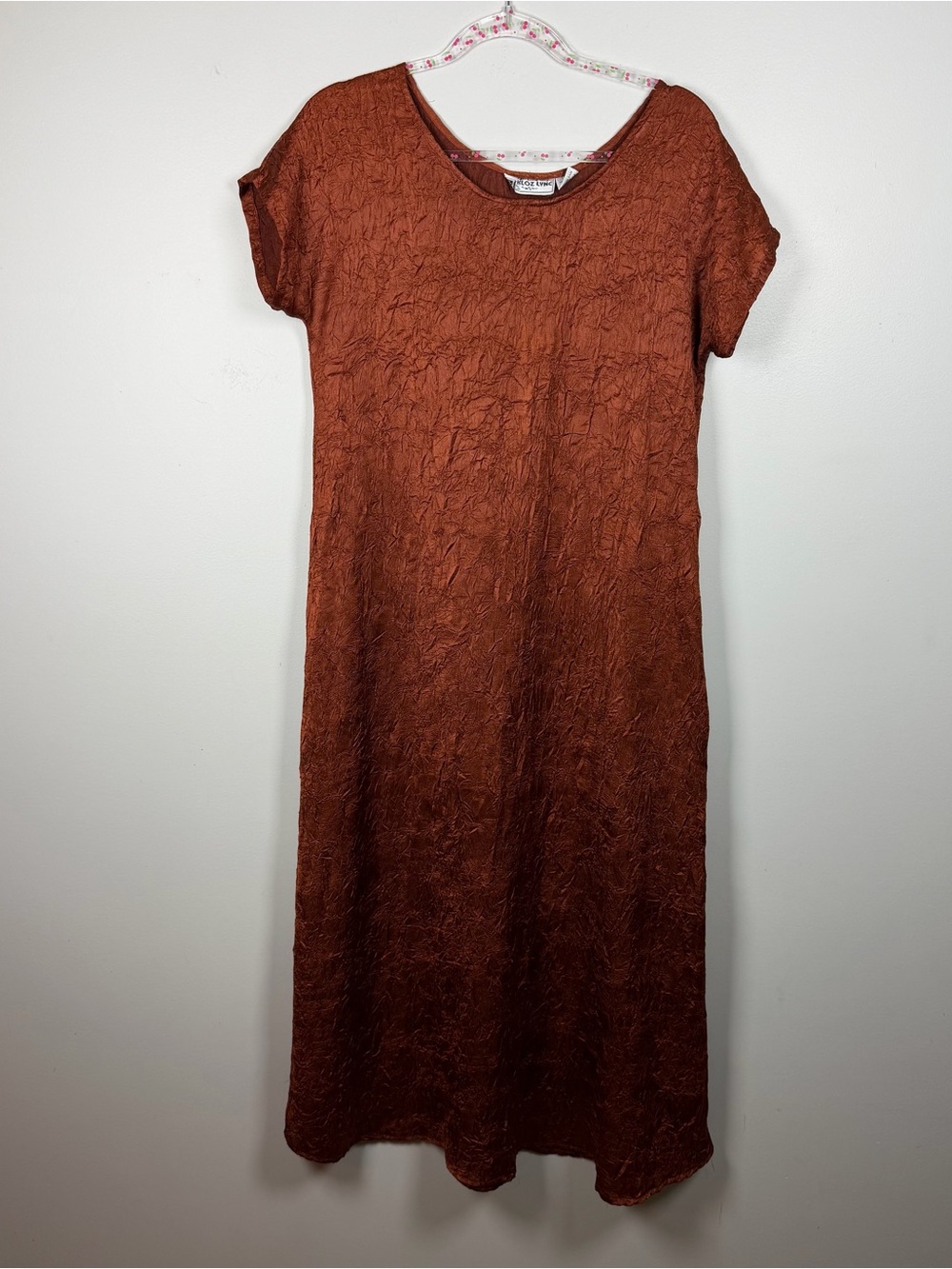 Vintage KlozLyne Rust Orange Crinkle Midi SS Dress Arty Boho Lagenlook Small